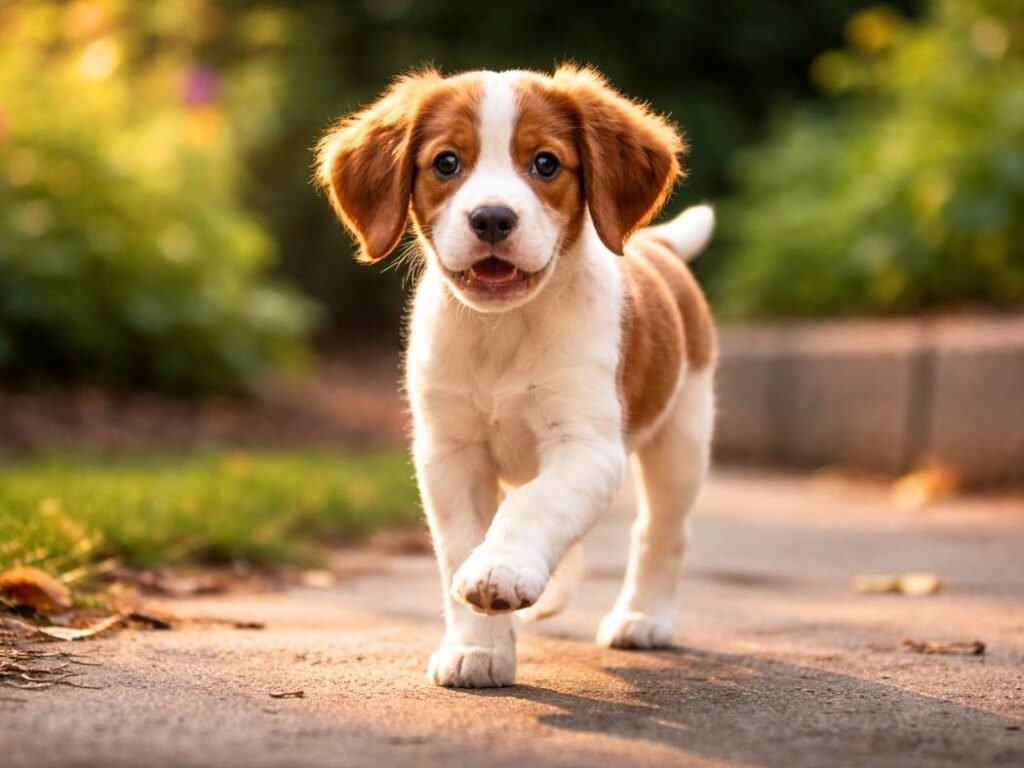 Cocker Spaniel puppy trotting in a backyard with an alert expression during golden hour light.