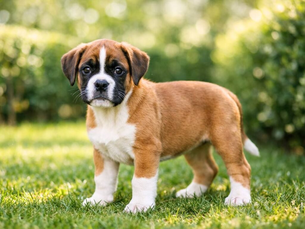 Female Boxer puppy standing calmly in a green garden with natural daylight and alert expression
