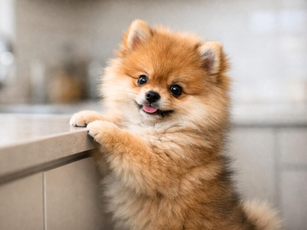 Pomeranian puppy standing on hind legs and peeking over a kitchen cabinet edge.