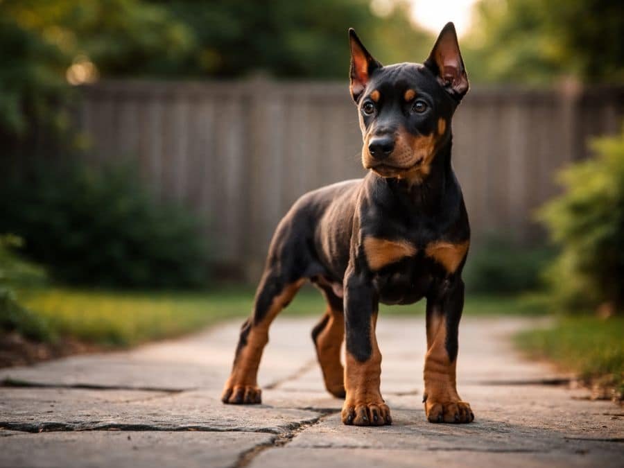 Doberman Pinscher puppy standing confidently on a backyard stone path