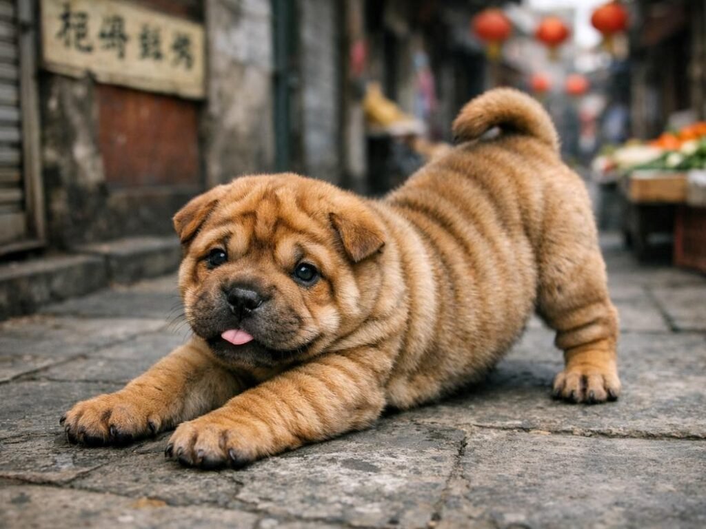Poodle puppy walking on a wet Hong Kong street with Chinese shop signs and city buildings in background.