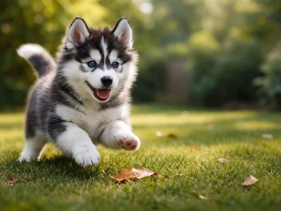 8–12 week old Siberian Husky puppy pouncing playfully in a backyard