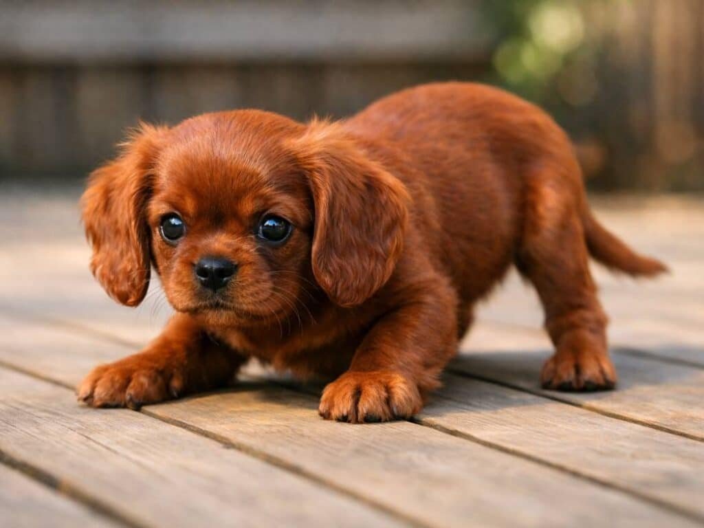 Confident female Cavalier King Charles Spaniel puppy in a playful crouched stance on a wooden deck