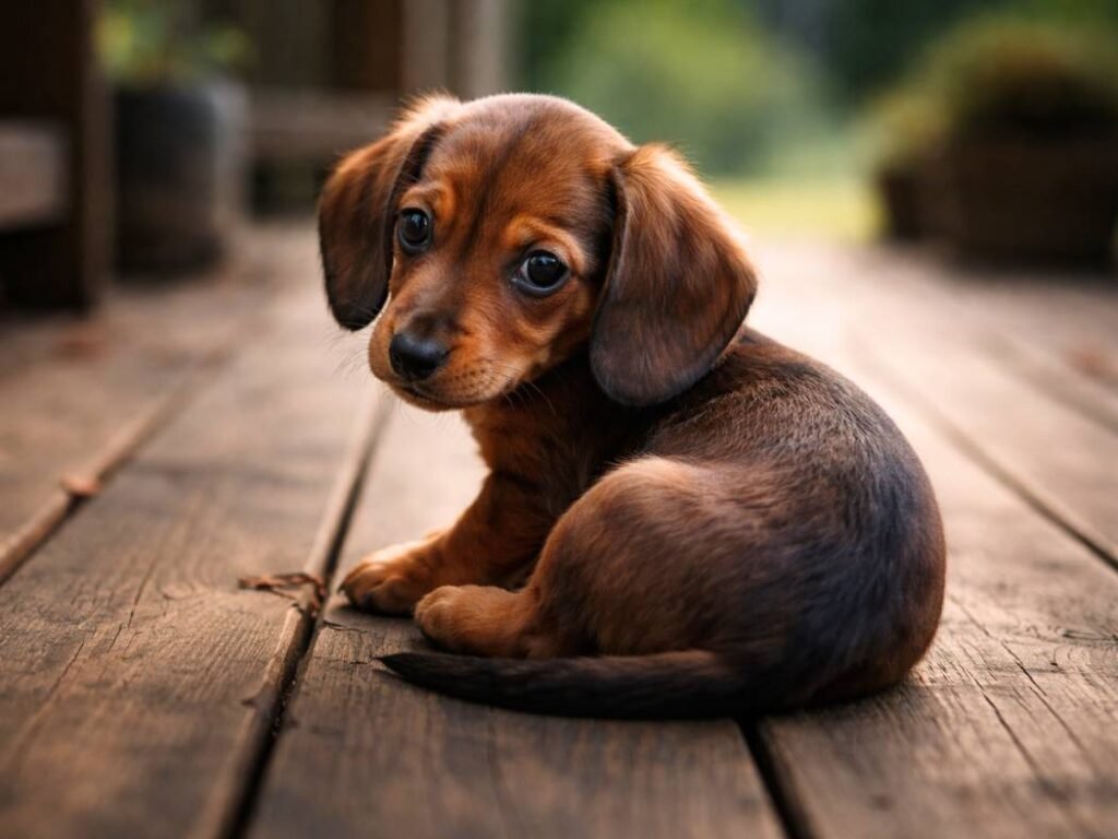 female dachshund puppy sitting on a wooden porch looking over her shoulder
