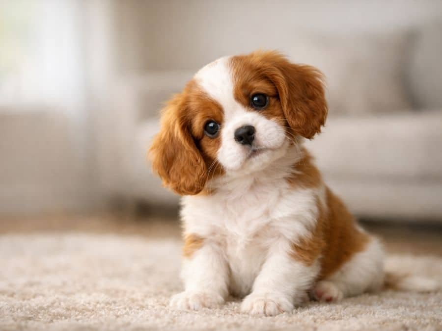 8–12 week old Cavalier King Charles Spaniel puppy sitting indoors with a head tilt