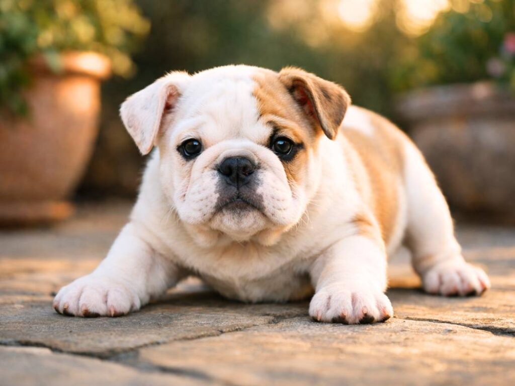 Female English Bulldog puppy in a playful crouched pose on a stone patio