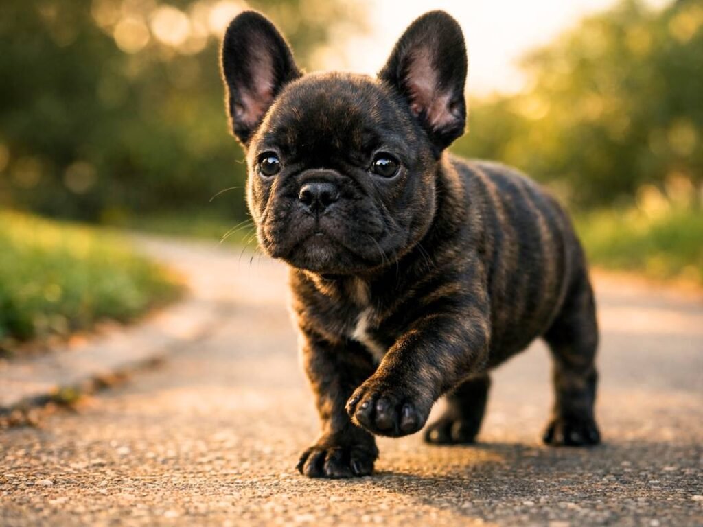 Dark brindle female French Bulldog puppy walking confidently on a neighborhood sidewalk.