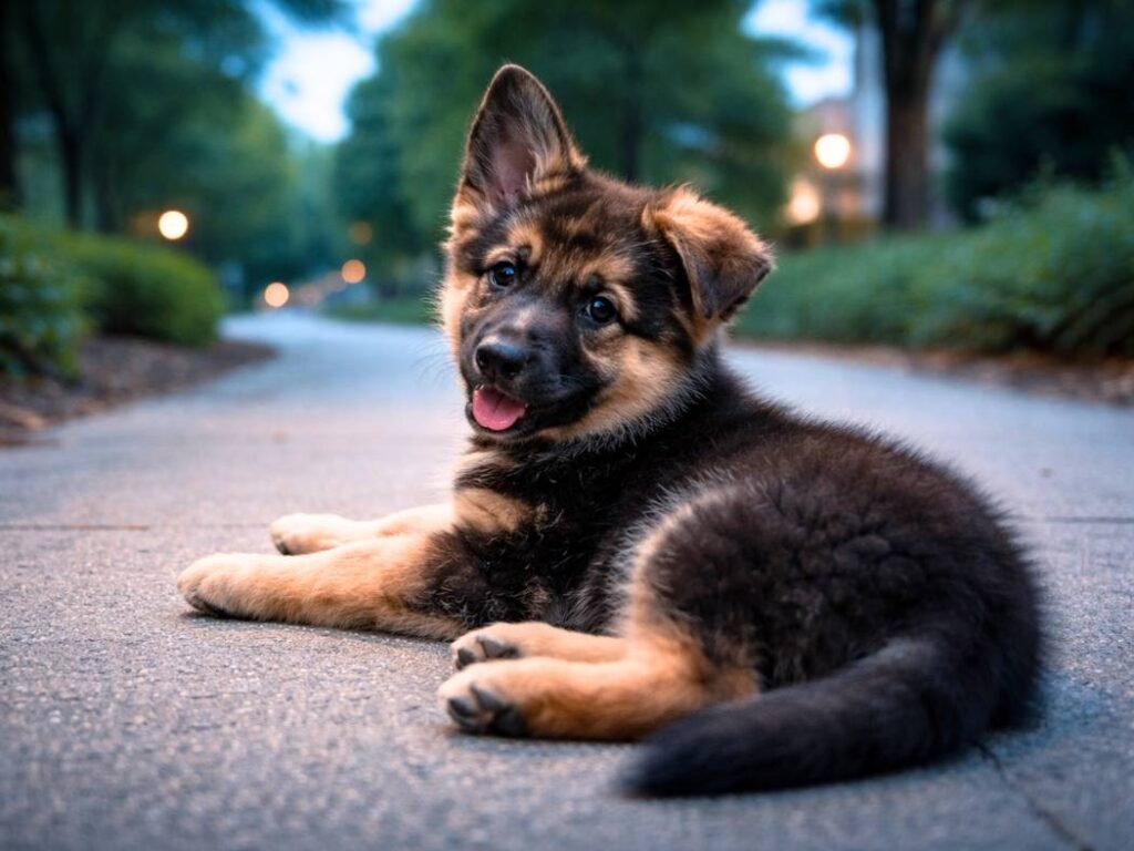 Female German Shepherd puppy lying on a park pathway and looking back over her shoulder in evening light.