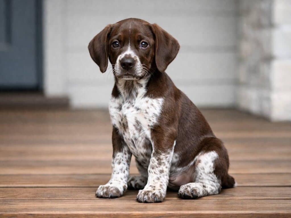 Female German Shorthaired Pointer puppy sitting upright on a wooden porch with a calm, confident expression