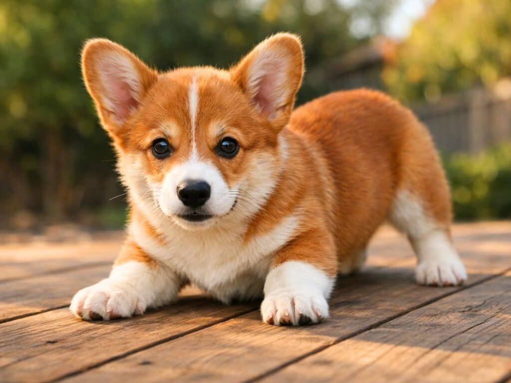 Playful female Pembroke Welsh Corgi puppy on a wooden deck