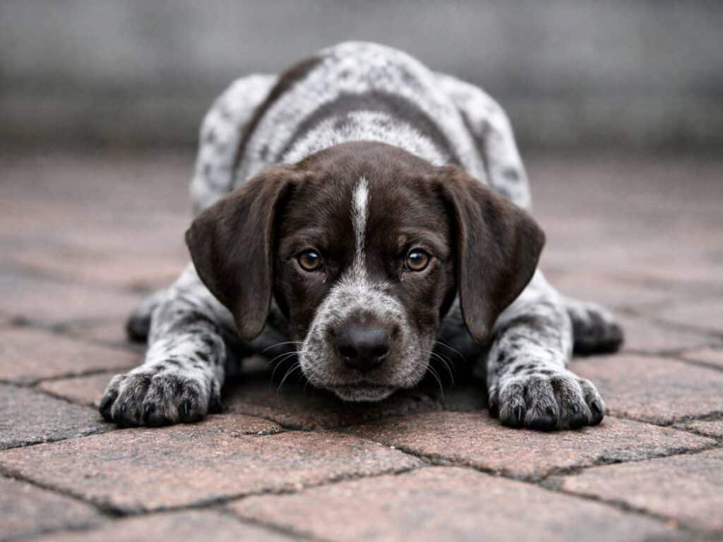 German Shorthaired Pointer puppy in a calm, alert crouched pose on a patio