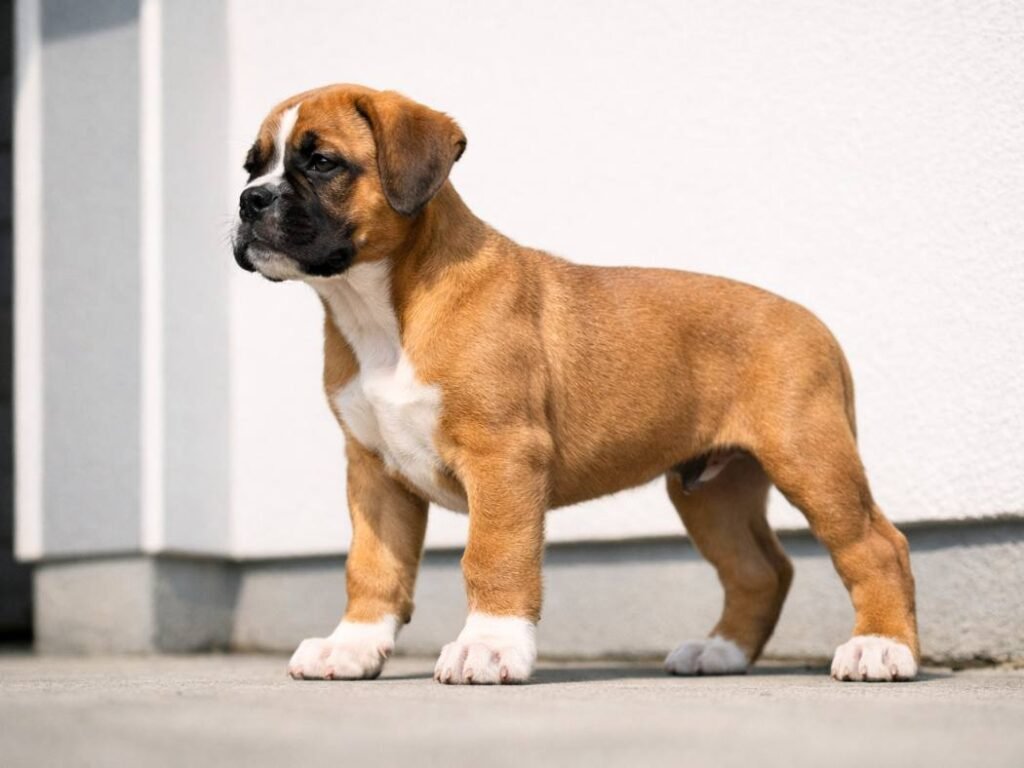 Male Boxer puppy standing confidently against a white wall, showing a sturdy stance and focused gaze
