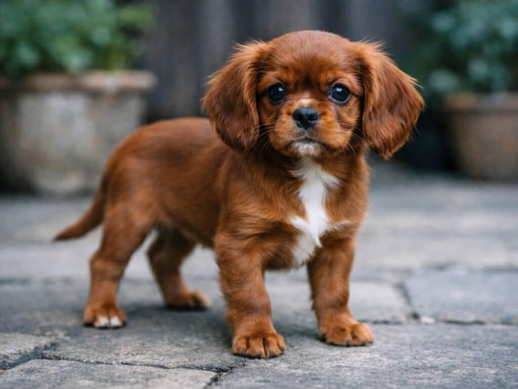 Cool-looking male Cavalier King Charles Spaniel puppy standing calmly on a stone patio