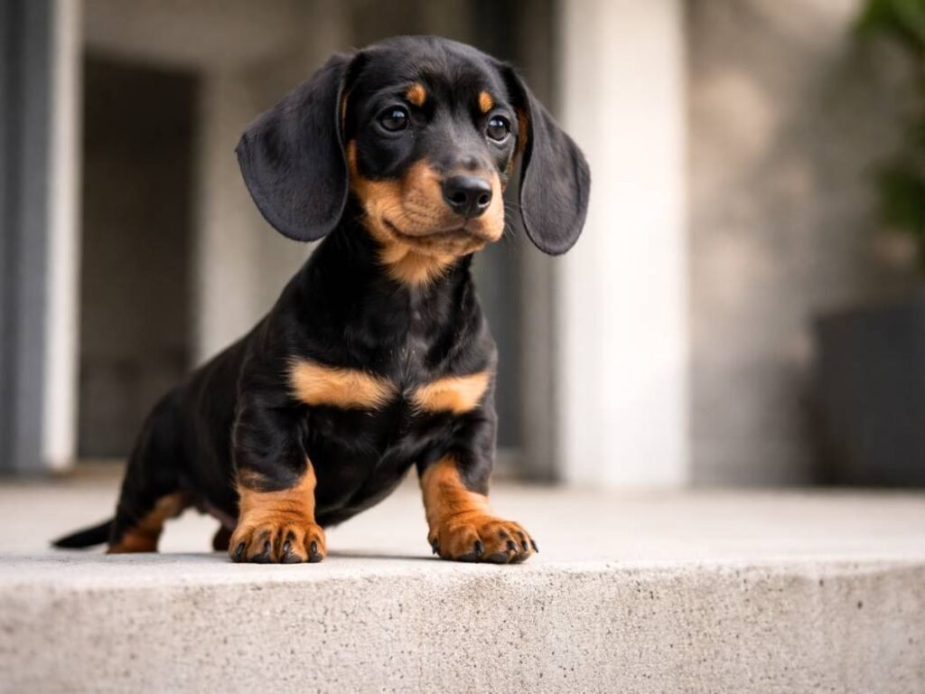 Confident male Dachshund puppy with paws on a porch step, alert and focused
