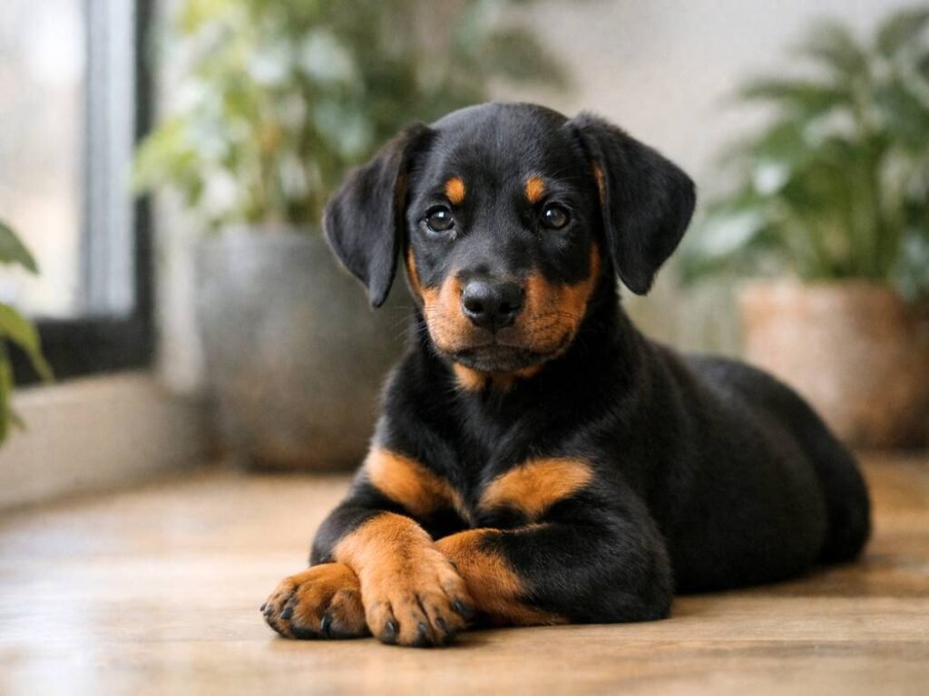 Male Doberman Pinscher puppy resting indoors near plants, calm and curious with relaxed posture