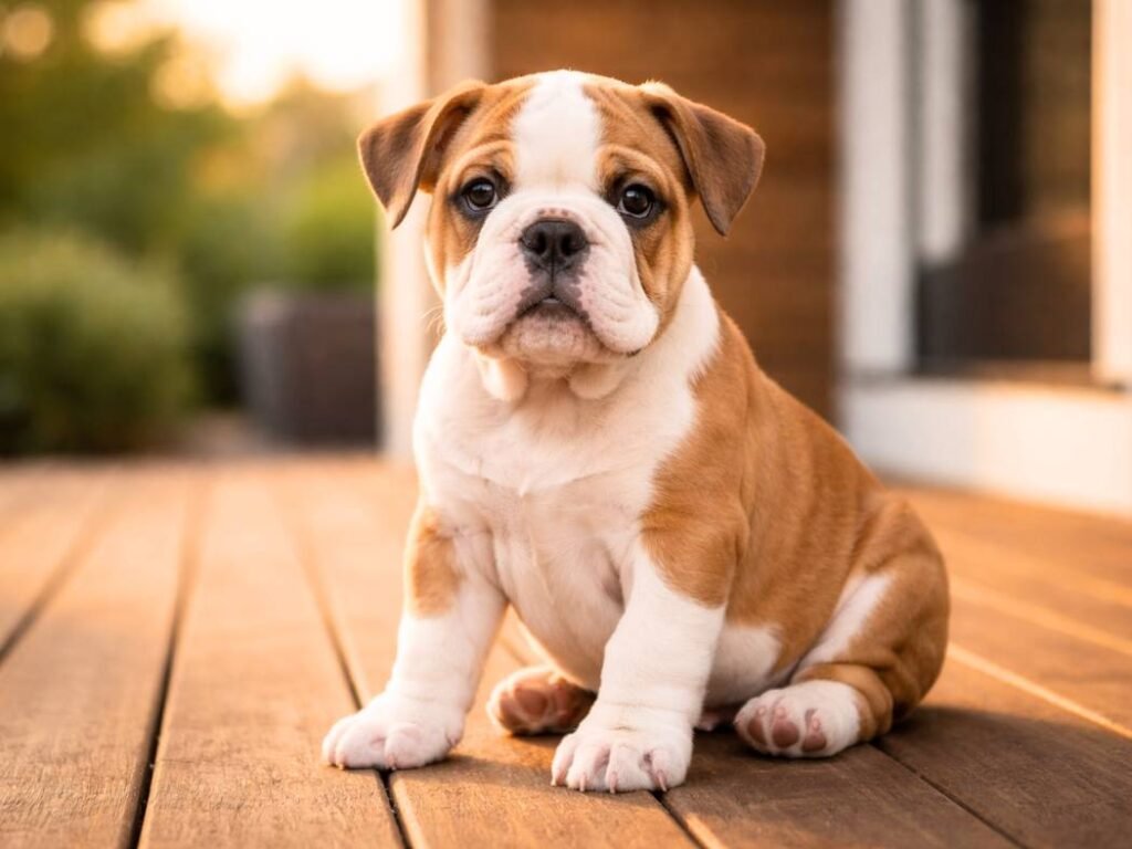 Cool-looking male English Bulldog puppy sitting calmly on a front porch in warm light