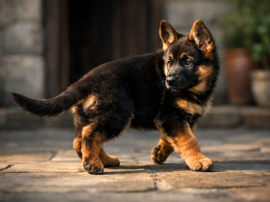 Alert male German Shepherd puppy walking on a porch and looking back over his shoulder in dramatic light.