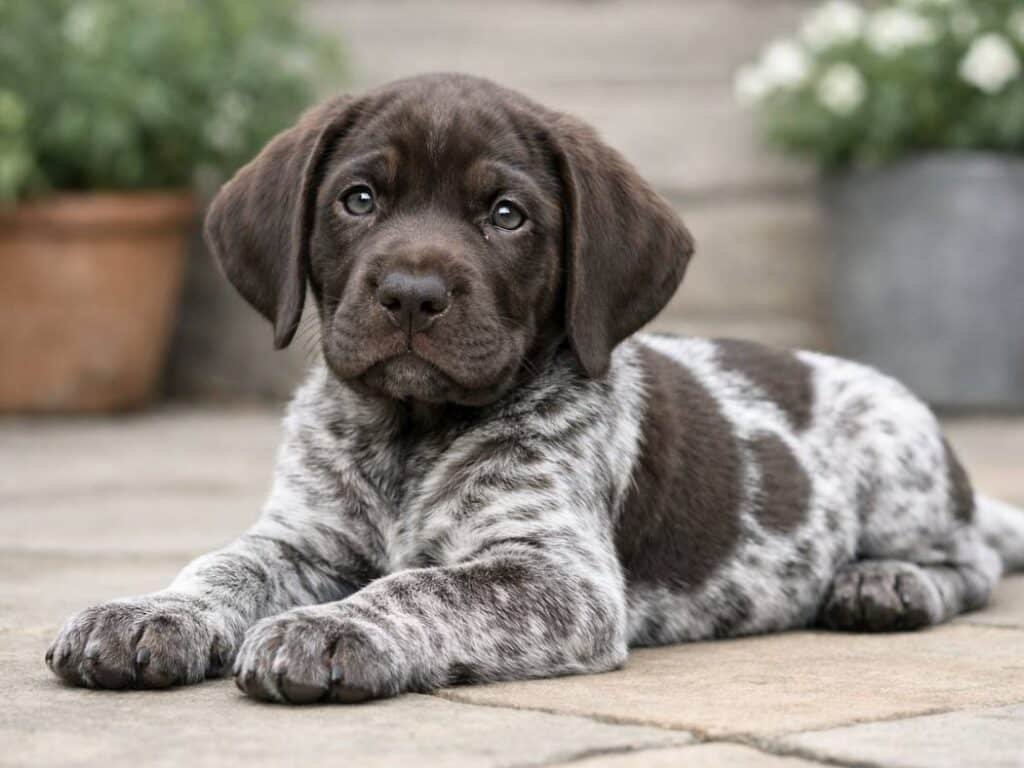 Cool-toned male German Shorthaired Pointer puppy lying calmly on a stone patio