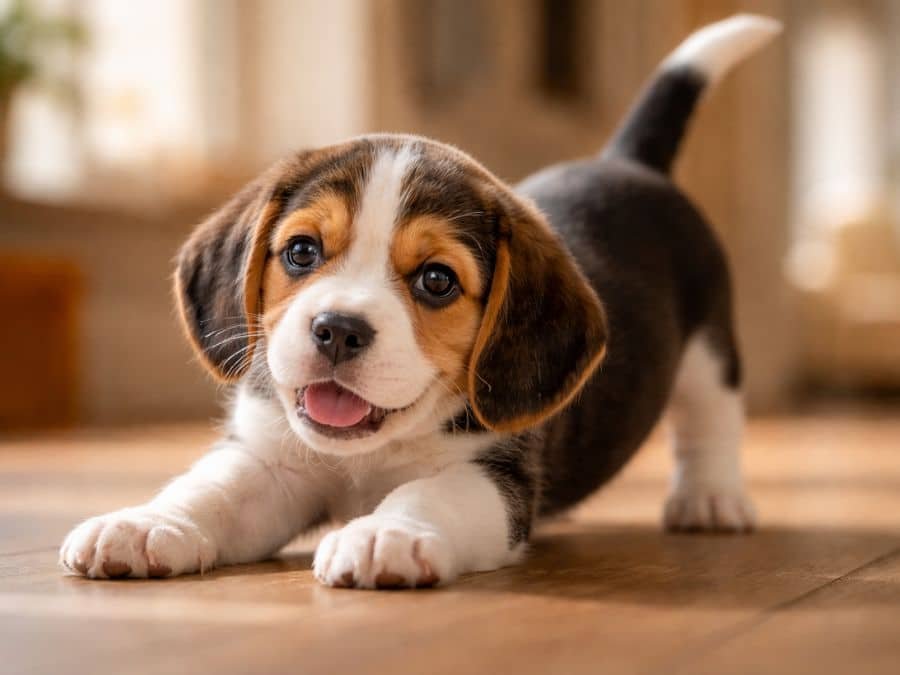 Beagle puppy doing a playful bow indoors with an excited expression