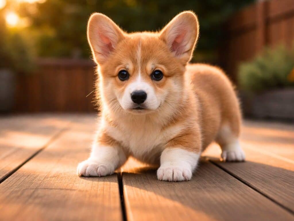 Confident Pembroke Welsh Corgi puppy standing on a backyard deck during golden hour