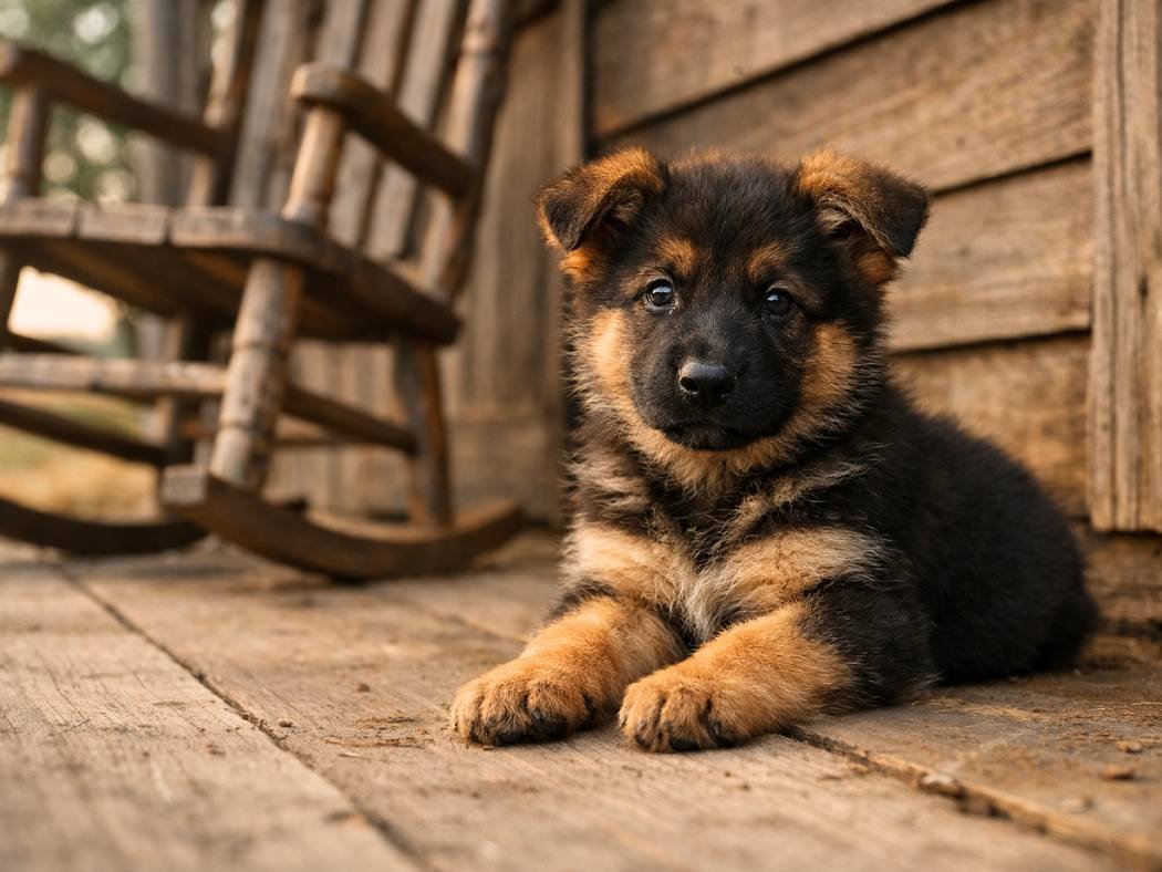 German Shepherd puppy sitting on a rustic country porch with farmland in the background.