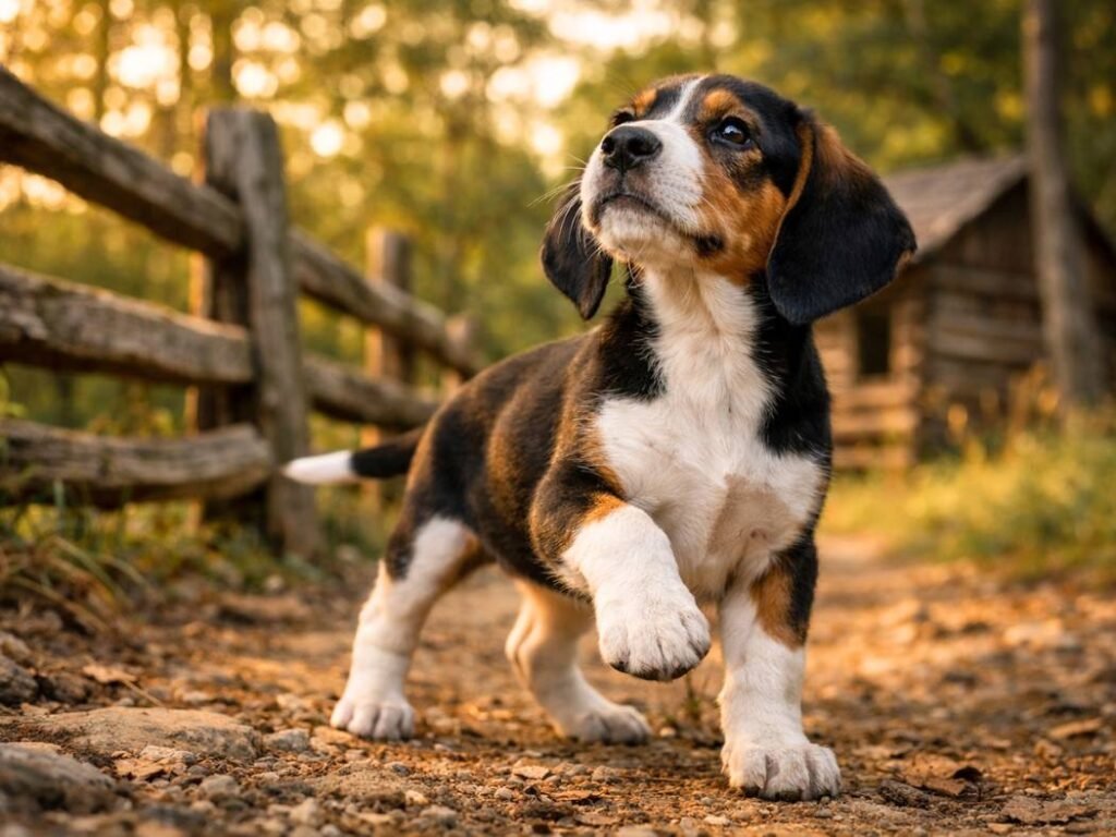 Treeing Walker Coonhound puppy standing alert on a rural forest trail near a wooden fence.