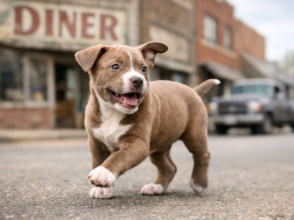 American Pit Bull Terrier puppy walking playfully on a small-town country street near rustic storefronts.