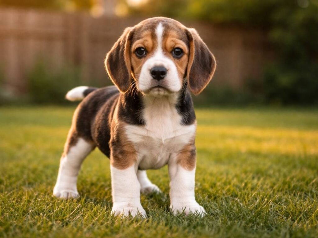 Beagle puppy standing confidently in a backyard with friendly, alert eyes