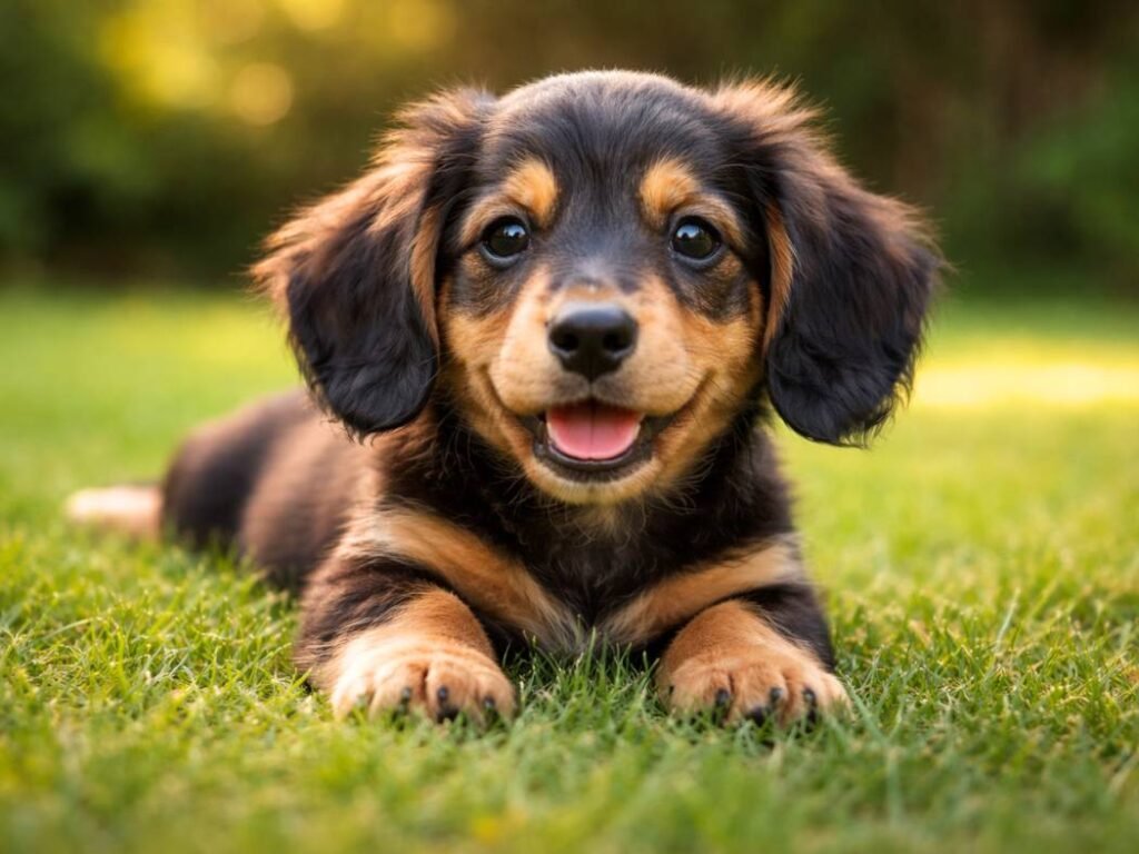 Cute Dachshund puppy lying on green grass in a backyard with a playful expression