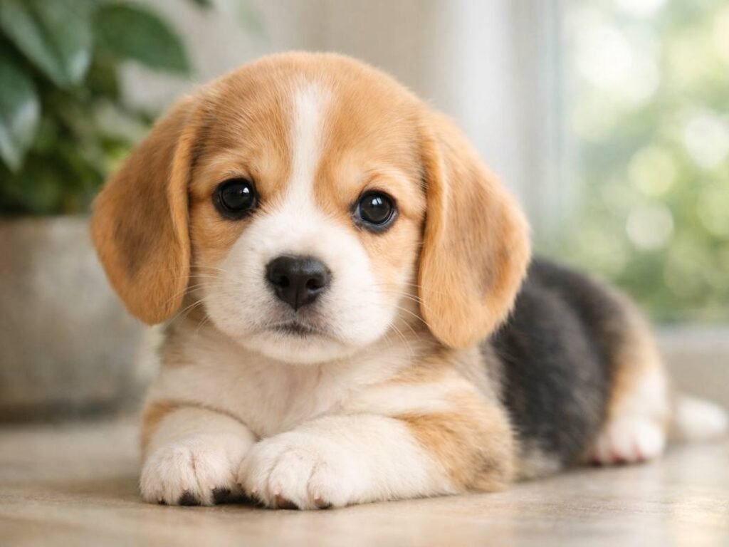 Female Beagle puppy resting indoors near a window, calm and sweet with soft expression