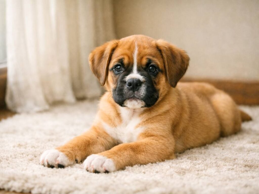 Cute female Boxer puppy lying calmly near a window indoors with soft natural light