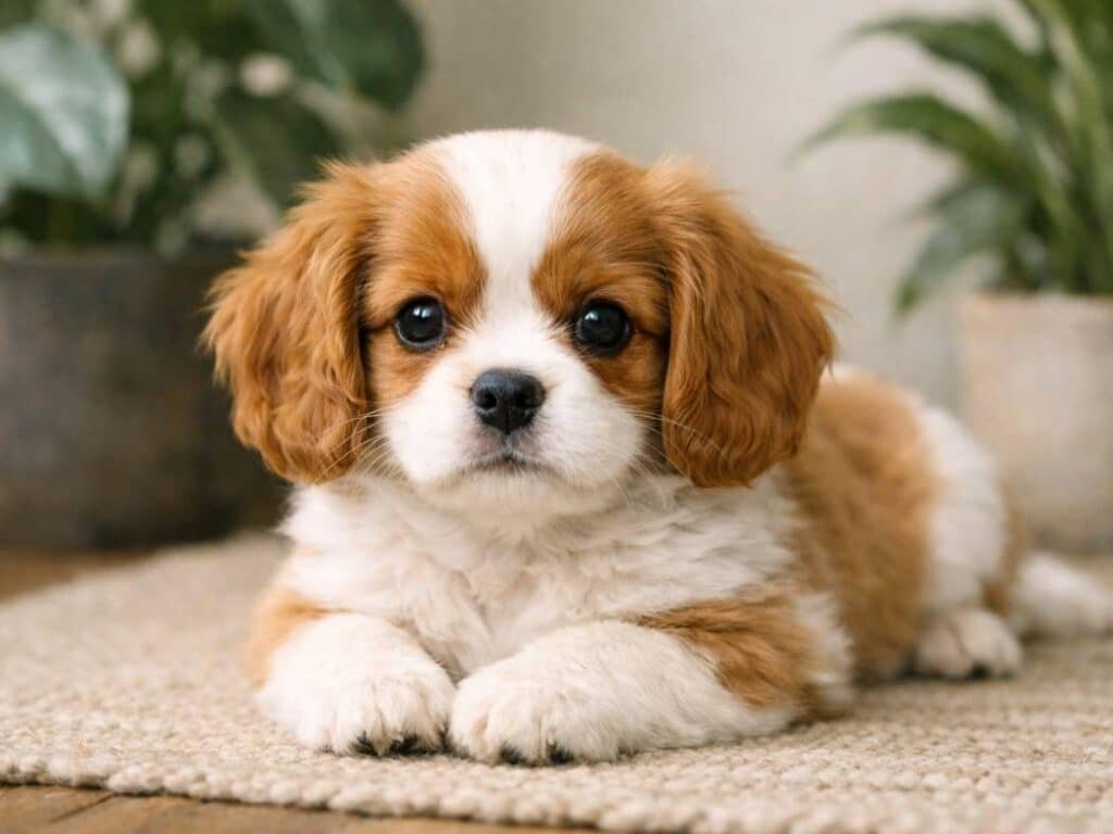 Cute female Cavalier King Charles Spaniel puppy resting indoors with paws tucked under her chest