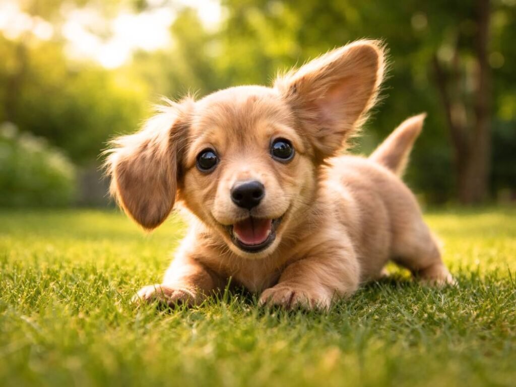 cute female dachshund puppy playfully crouching on green backyard grass