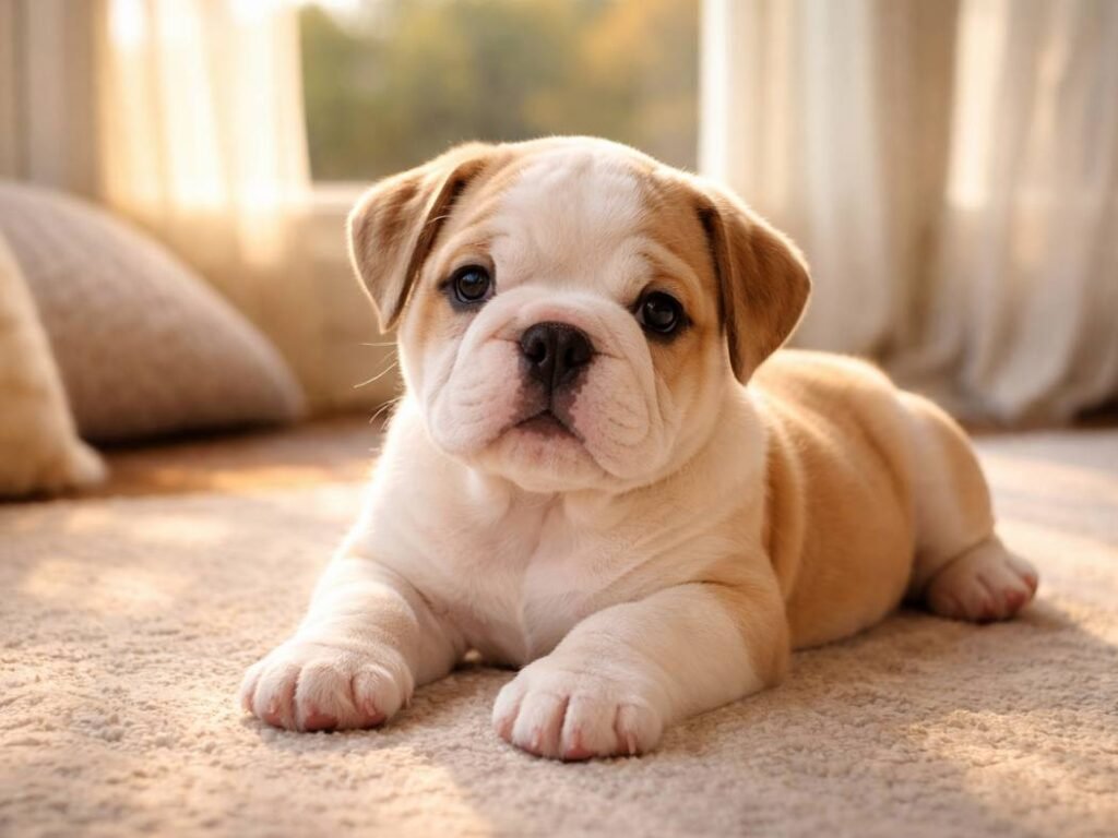 Cute female English Bulldog puppy resting indoors with a sweet, gentle expression