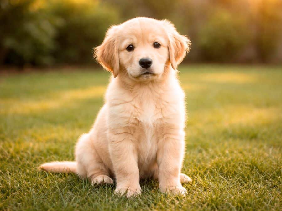 Cute Golden Retriever puppy sitting in a backyard with a gentle, curious expression