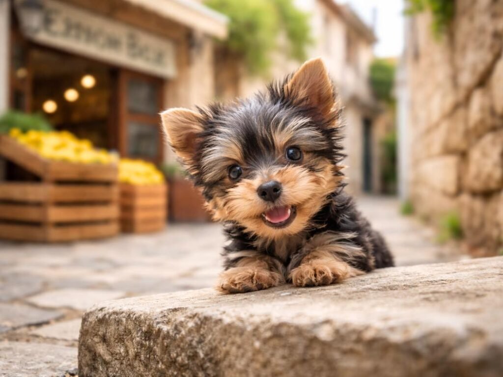 Yorkshire Terrier puppy peeking in a small Greek market street with Greek signage in the background