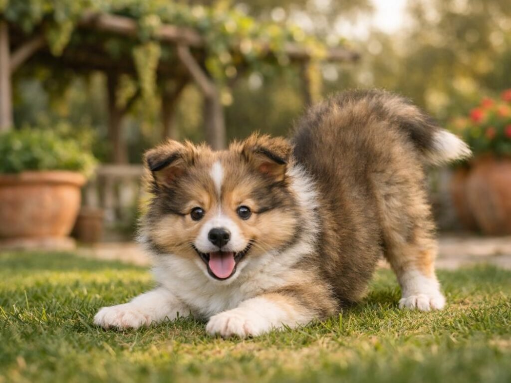 Shetland Sheepdog puppy doing a playful bow in an Italian garden with terracotta pots and grapevines.