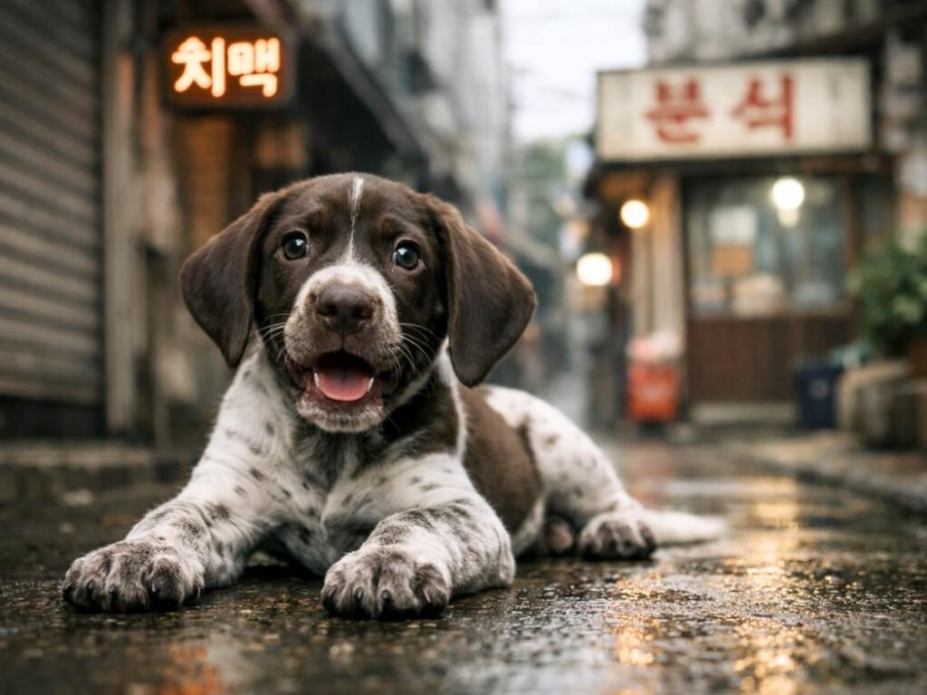 German Shorthaired Pointer puppy lying on a Seoul alley street with Hangul shop signs and soft neon glow