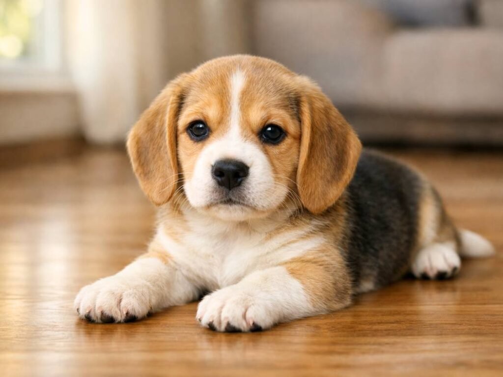 Cute male Beagle puppy lying calmly indoors with front paws stretched forward and a gentle, sweet expression