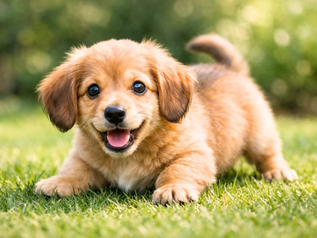 Playful male Dachshund puppy pouncing on grass in a sunny backyard.