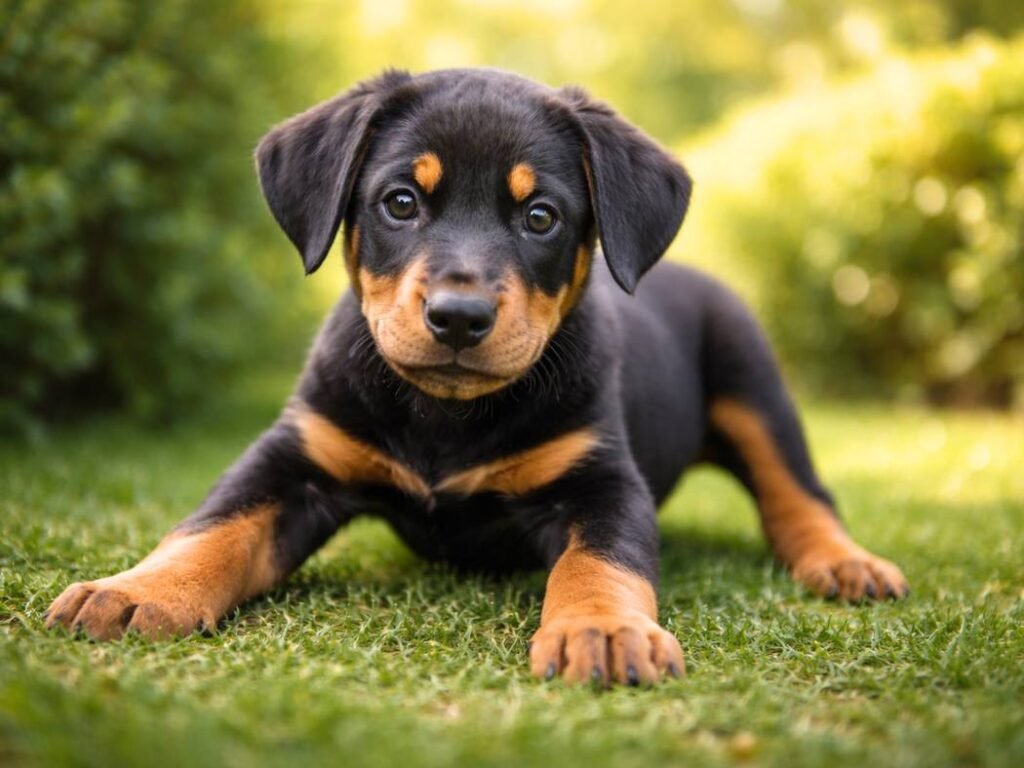 Playful male Doberman Pinscher puppy crouched in a garden, happy and curious with all paws grounded
