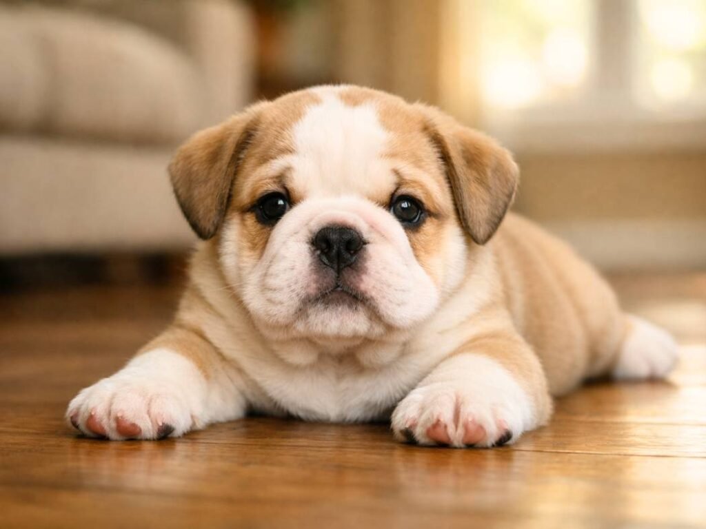 Cute male English Bulldog puppy lying indoors with a sweet and gentle expression