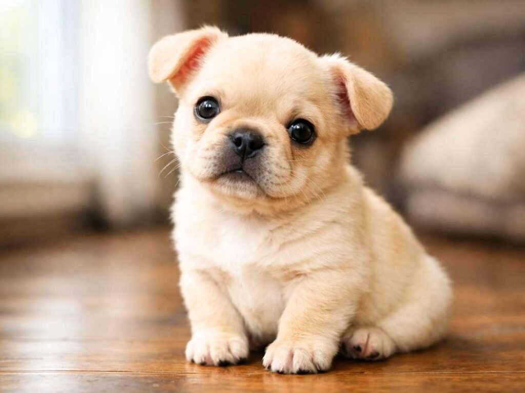 Cute male French Bulldog puppy sitting indoors on a wooden floor with a head tilt near a window.