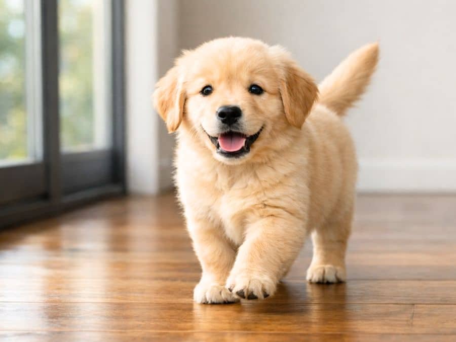 Cute male Golden Retriever puppy walking indoors with a playful, confident look