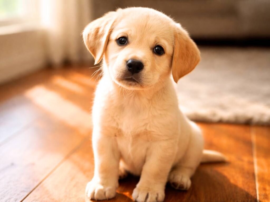 Cute male Labrador puppy sitting indoors on a wooden floor with a sweet head tilt in soft window light.