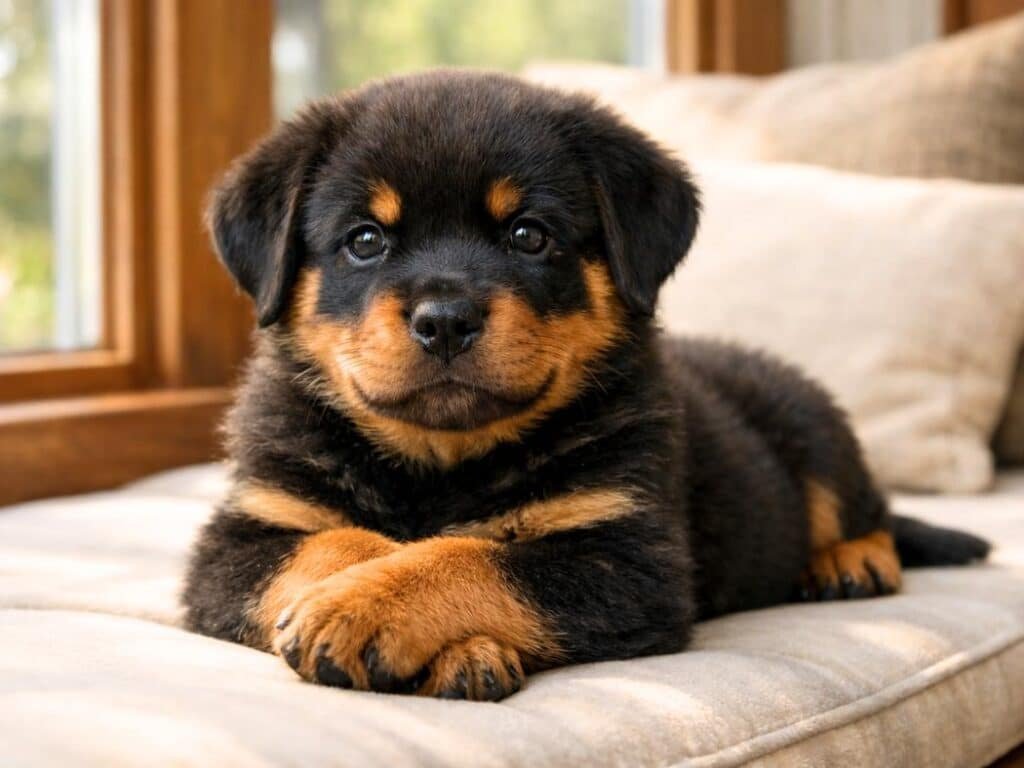 Cute male Rottweiler puppy resting indoors with a gentle expression
