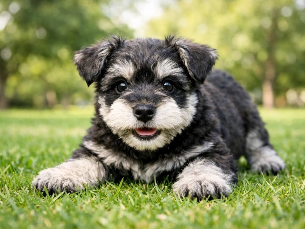 Cute Miniature Schnauzer puppy crouched playfully on green grass in a park