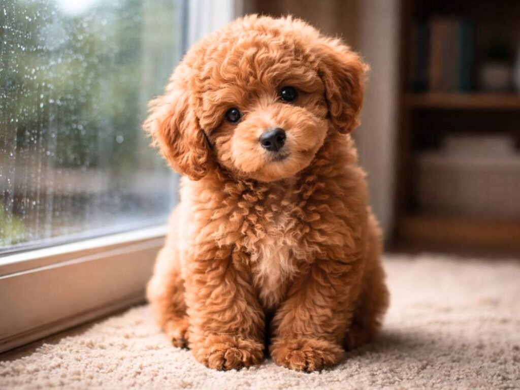 Fluffy dark apricot male poodle puppy sitting by a rainy window with a head tilt on a cozy rug.