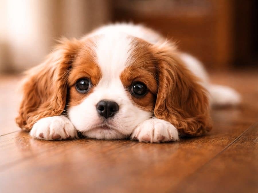 Cavalier King Charles Spaniel puppy lying indoors with big soulful eyes