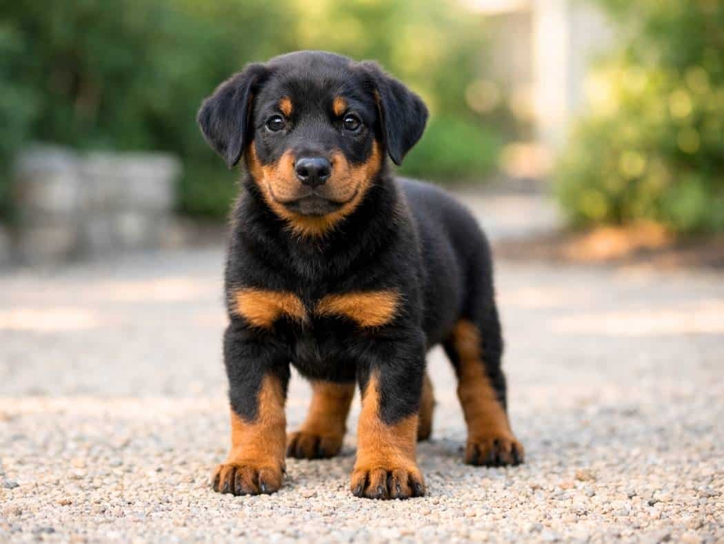 Happy and alert Doberman Pinscher puppy sitting confidently outdoors in a quiet residential courtyard